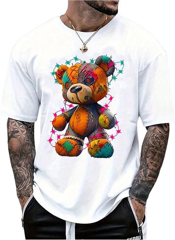 Men's Cartoon Bear Print T Shirt Graphic Crewneck Short Sleeve Tee Tops in Saudi Arabia