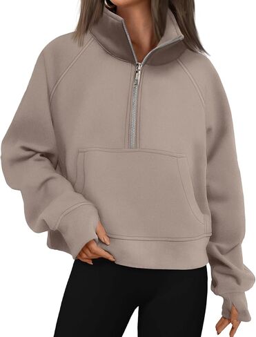Womens Sweatshirts Half Zip Cropped Pullover Fleece Quarter Oversized Zipped Thumb Hole Cute Pockets Fall Hoodies in Saudi Arabia