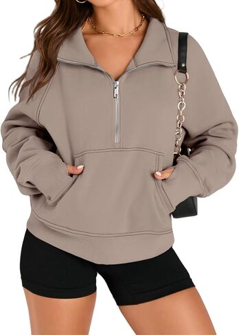 Womens Sweatshirts Half Zip Cropped Pullover Fleece Quarter Oversized Zipped Thumb Hole Cute Pockets Fall Hoodies in Saudi Arabia