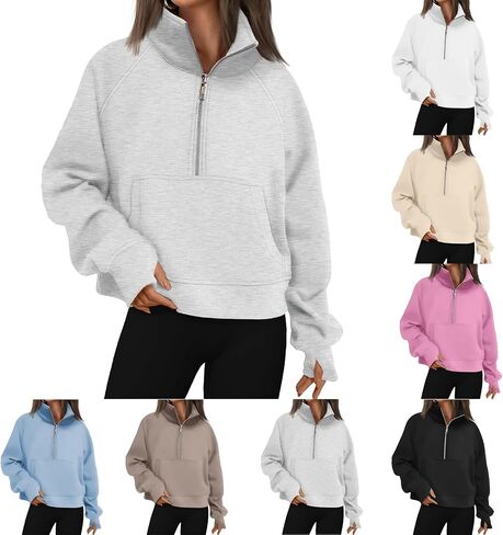 Womens Sweatshirts Half Zip Cropped Pullover Fleece Quarter Oversized Zipped Thumb Hole Cute Pockets Fall Hoodies in Saudi Arabia