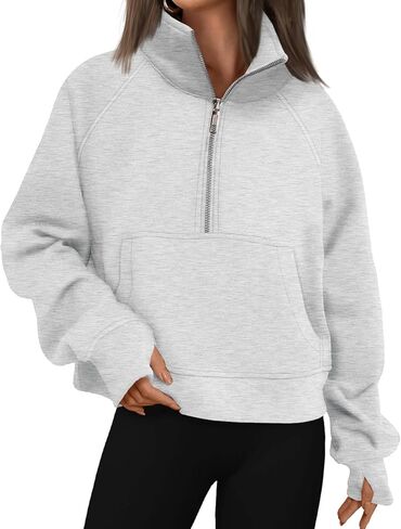 Womens Sweatshirts Half Zip Cropped Pullover Fleece Quarter Oversized Zipped Thumb Hole Cute Pockets Fall Hoodies in Saudi Arabia