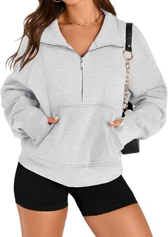 Womens Sweatshirts Half Zip Cropped Pullover Fleece Quarter Oversized Zipped Thumb Hole Cute Pockets Fall Hoodies in Saudi Arabia