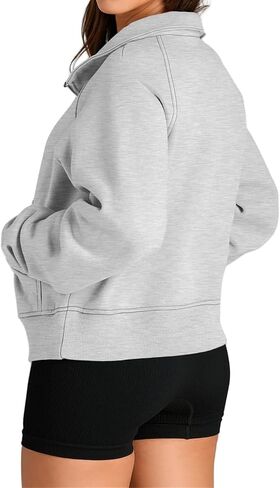 Womens Sweatshirts Half Zip Cropped Pullover Fleece Quarter Oversized Zipped Thumb Hole Cute Pockets Fall Hoodies in Saudi Arabia