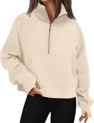 Womens Sweatshirts Half Zip Cropped Pullover Fleece Quarter Oversized Zipped Thumb Hole Cute Pockets Fall Hoodies in Saudi Arabia