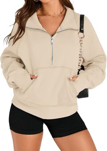 Womens Sweatshirts Half Zip Cropped Pullover Fleece Quarter Oversized Zipped Thumb Hole Cute Pockets Fall Hoodies in Saudi Arabia