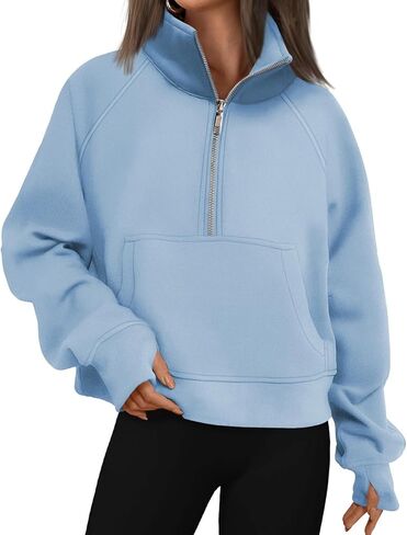 Womens Sweatshirts Half Zip Cropped Pullover Fleece Quarter Oversized Zipped Thumb Hole Cute Pockets Fall Hoodies in Saudi Arabia