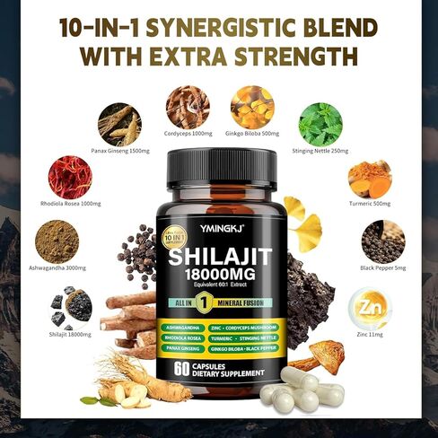 كبسولات شيلاجيت 18000 ملغ (60 كبسولة) 10 في 1 - مستخلص شيلاجيت مع أشواجاندا ، ردويولا روزا ، باناكس جينسنغ ، كورديسيبس ، الكركم ، جينكو ، ملحق معادن تتبع حمض فولفيك ، خالية من الجلوتين in Kuwait