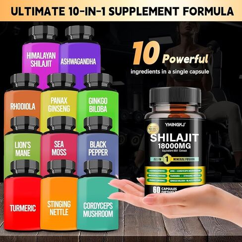 كبسولات شيلاجيت 18000 ملغ (60 كبسولة) 10 في 1 - مستخلص شيلاجيت مع أشواجاندا ، ردويولا روزا ، باناكس جينسنغ ، كورديسيبس ، الكركم ، جينكو ، ملحق معادن تتبع حمض فولفيك ، خالية من الجلوتين in Kuwait
