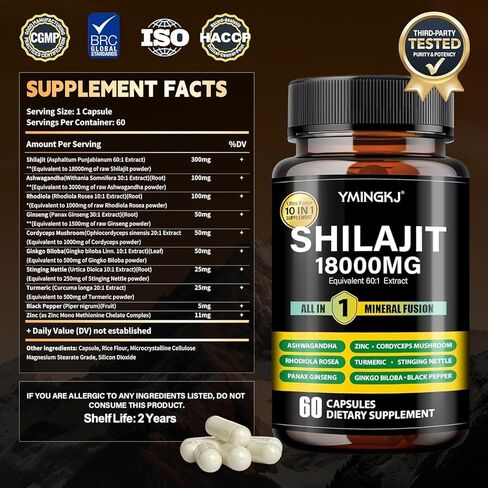 كبسولات شيلاجيت 18000 ملغ (60 كبسولة) 10 في 1 - مستخلص شيلاجيت مع أشواجاندا ، ردويولا روزا ، باناكس جينسنغ ، كورديسيبس ، الكركم ، جينكو ، ملحق معادن تتبع حمض فولفيك ، خالية من الجلوتين in Kuwait