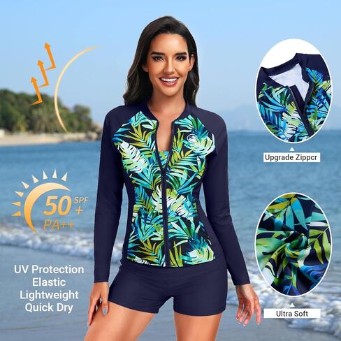 Holipick Long Sleeve Swimsuits for Women - 3 Piece Rash Guard with Shorts Zipper SPF Swim Shirt with Built in Bra in Saudi Arabia