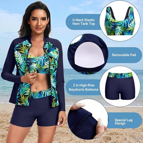 Holipick Long Sleeve Swimsuits for Women - 3 Piece Rash Guard with Shorts Zipper SPF Swim Shirt with Built in Bra in Saudi Arabia