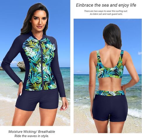 Holipick Long Sleeve Swimsuits for Women - 3 Piece Rash Guard with Shorts Zipper SPF Swim Shirt with Built in Bra in Saudi Arabia