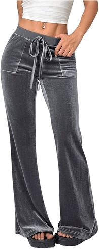 Floerns Women's Velvet Drawstring Waist Bell Bottom Flare Leg Long Pants with Pockets in Saudi Arabia