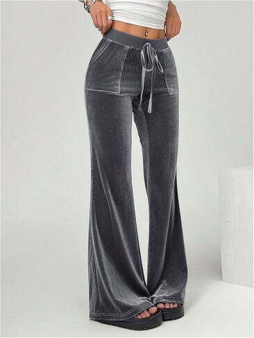 Floerns Women's Velvet Drawstring Waist Bell Bottom Flare Leg Long Pants with Pockets in Saudi Arabia