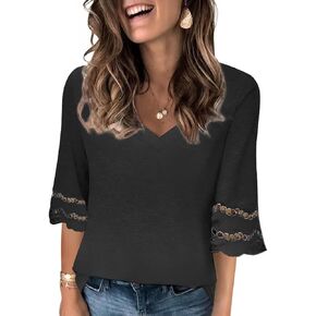 Women’s V Neck 3/4 Lace Sleeve Tshirts عرضة صيف فضفاضة فضفاضة قمم in Kuwait