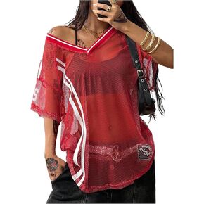 Women's Y2K Jersey Shirts Striped Sheer Mesh Crop Top See Through V Neck Short Sleeve Sports Tees Streetwear in Kuwait