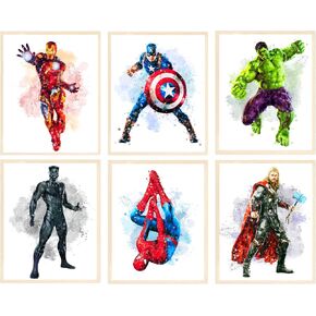 Watercolor Superhero Poster | Super Hero Wall Posters Room Decor | Kids Bedroom Decor | Gift for Superhero Fans | Set of 6 Pieces | 8 x 10 inch | HD Prints | 350gsm Paper with Protective Coating | Unframed in Saudi Arabia