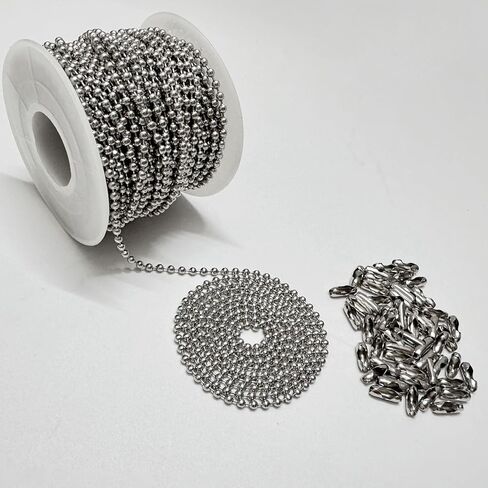 2.4mm Ball Bead Chain 50ft Stainless Steel Bead Link Chain Roll with 50pcs #3 Matching Connectors for Dog Tag Necklace, Keychain, Retention Chain in Saudi Arabia