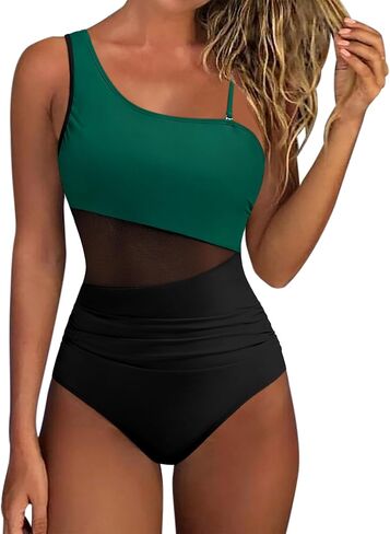 SUUKSESS Women Mesh One Shoulder One Piece Swimsuit Tummy Control Bathing Suit in Saudi Arabia