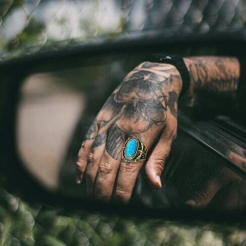 Retro Turquoise Ring for Men Stainless Steel Oval Biker Ring Jewelry for Men,Size7-13 in Kuwait