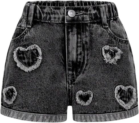 Wdirara Girl's Heart Patch High Highled Jean Shorts مرنة الخصر Y2K شورتات الدنيم غير الرسمية in Saudi Arabia