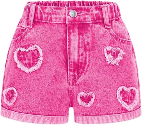 Wdirara Girl's Heart Patch High Highled Jean Shorts مرنة الخصر Y2K شورتات الدنيم غير الرسمية in Kuwait