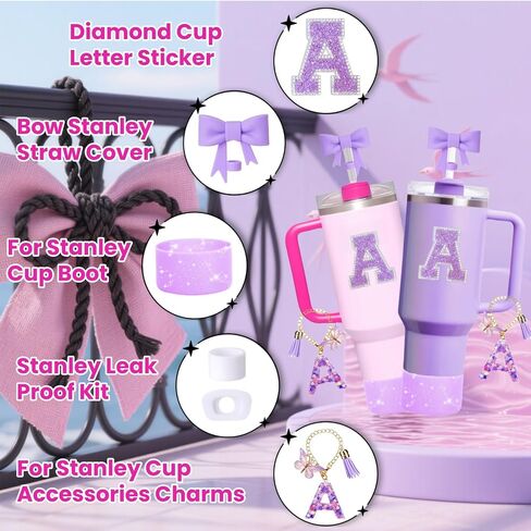 MOTEERLLU 6pcs Stanley Cup Accessories Set,Bow Straw Cover for Stanley Cup 30oz 40oz, Including Straw Topper,Spill Proof Stopper,Sparkly Silicone Boot Set,Handle Charm,Initials Sticker (M) in Saudi Arabia