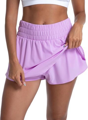 LUCKYCATCUS Women's High Waisted Athletic Shorts Flowy Ruffle Skirt Front Workout Tennis Running Shorts for Women Zip Pocket in Saudi Arabia