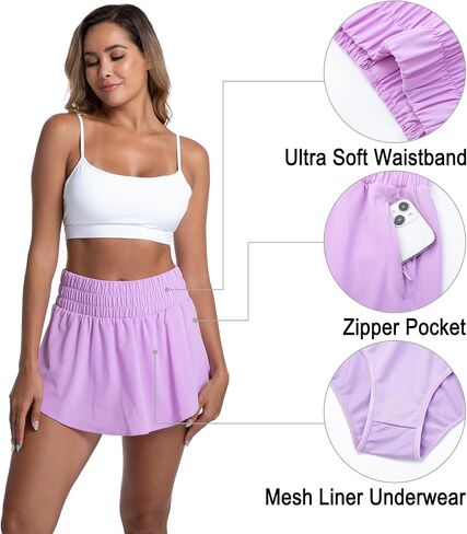 LUCKYCATCUS Women's High Waisted Athletic Shorts Flowy Ruffle Skirt Front Workout Tennis Running Shorts for Women Zip Pocket in Saudi Arabia