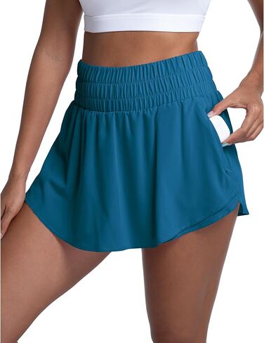 LUCKYCATCUS شورت رياضي نسائي عالي الخصر تنورة مكشكشة متدرجة من الأمام شورت للجري والتنس للنساء بجيب بسحاب in Kuwait