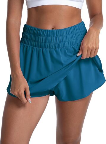 LUCKYCATCUS شورت رياضي نسائي عالي الخصر تنورة مكشكشة متدرجة من الأمام شورت للجري والتنس للنساء بجيب بسحاب in Kuwait