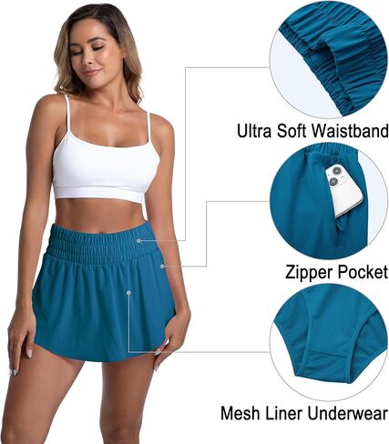 LUCKYCATCUS شورت رياضي نسائي عالي الخصر تنورة مكشكشة متدرجة من الأمام شورت للجري والتنس للنساء بجيب بسحاب in Kuwait