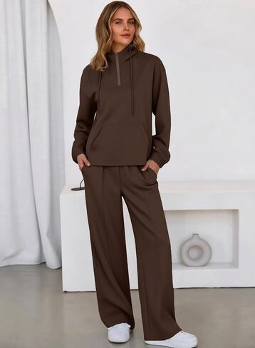 aleumdr women 2 قطعة تعرق غير رسمية طويلة الأكمام نصف zip hoodies والساقين عريضة التعرق مع جيوب in Saudi Arabia