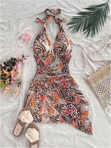 Gorglitter Women’s Leopard Floral Print Mesh Halter Dress Dressible Libleds Asymterrical Mini Dresses in Saudi Arabia