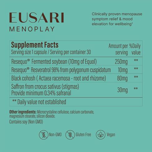 MenoPlay - Hormone-Free Menopause Symptom Relief and Mood Booster Supplement for Women - with Resequo® (Equol+Resveratrol), Black Cohosh, and Premium Quality Saffron - 30 Tablets in Saudi Arabia