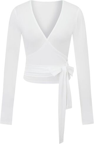 Aopwsrlyi Women Wrap Top Long Sleeve Tie Up Front V Neck Ballet Pilates Workout Yoga Shirt with Thumb Hole in Saudi Arabia