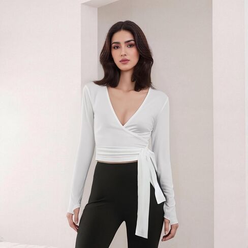 Aopwsrlyi Women Wrap Top Long Sleeve Tie Up Front V Neck Ballet Pilates Workout Yoga Shirt with Thumb Hole in Saudi Arabia