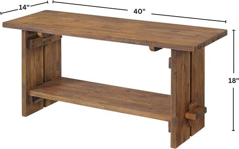 Bethel Acacia Wood Bench, 40 In. Wide, Natural Aged Brown with Storage Shelf, Rustic Solid Wood Entryway and Living Room Seating, Dimensions 40 In. W x 14 In. D x 18 In. H in Saudi Arabia