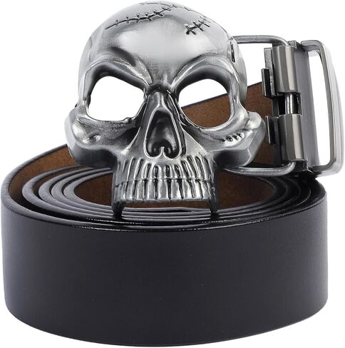 Men's Skull Head Buckle Leather Belt Waist Band, Jeans Decorative Punk Belt in Kuwait