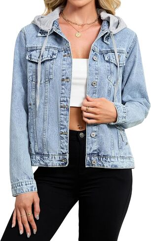 Kedera Women's Casual Button Down Denim Jacket Long Sleeve Detachable Hoodie Vintage Boyfriend Jean Coat in Saudi Arabia