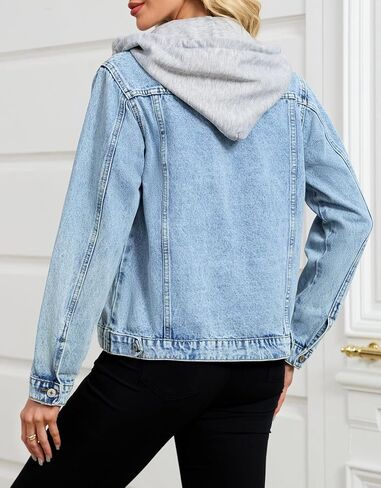 Kedera Women's Casual Button Down Denim Jacket Long Sleeve Detachable Hoodie Vintage Boyfriend Jean Coat in Saudi Arabia