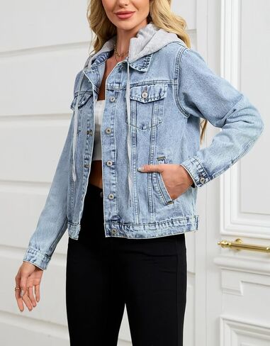 Kedera Women's Casual Button Down Denim Jacket Long Sleeve Detachable Hoodie Vintage Boyfriend Jean Coat in Saudi Arabia