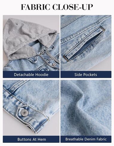 Kedera Women's Casual Button Down Denim Jacket Long Sleeve Detachable Hoodie Vintage Boyfriend Jean Coat in Saudi Arabia