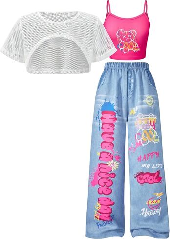 SOLY HUX Girl's Graphic 3 Piece Outfits Sheer Crop Tee and Cami Top with Jeans Pants Set in Saudi Arabia