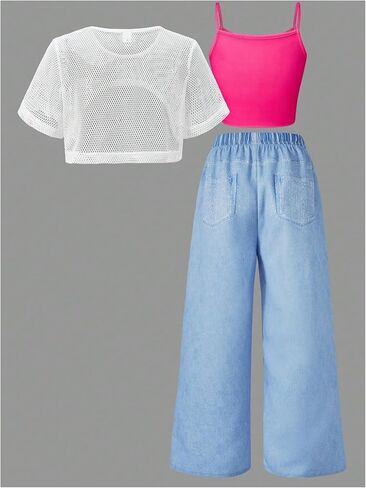 SOLY HUX Girl's Graphic 3 Piece Outfits Sheer Crop Tee and Cami Top with Jeans Pants Set in Saudi Arabia