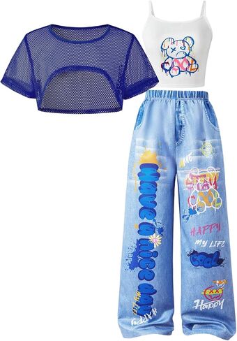 SOLY HUX Girl's Graphic 3 Piece Outfits Sheer Crop Tee and Cami Top with Jeans Pants Set in Saudi Arabia
