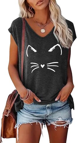 Blackoo Women's Cat Face Graphic V-Deace T-Shirt Cap Tops Tops in Kuwait