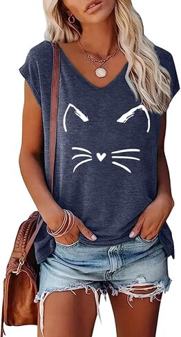 Blackoo Women's Cat Face Graphic V-Deace T-Shirt Cap Tops Tops in Kuwait