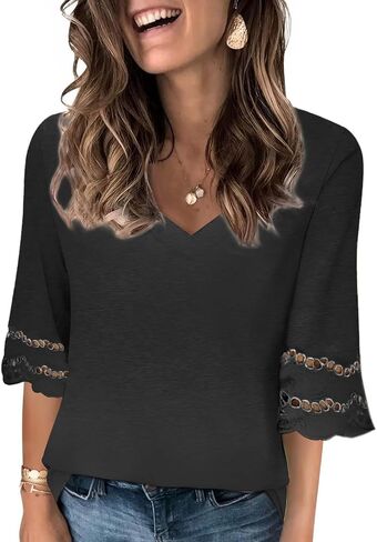 Women’s V Neck 3/4 Lace Sleeve Tshirts عرضة صيف فضفاضة فضفاضة قمم in Kuwait