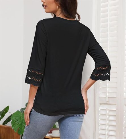 Women’s V Neck 3/4 Lace Sleeve Tshirts عرضة صيف فضفاضة فضفاضة قمم in Kuwait